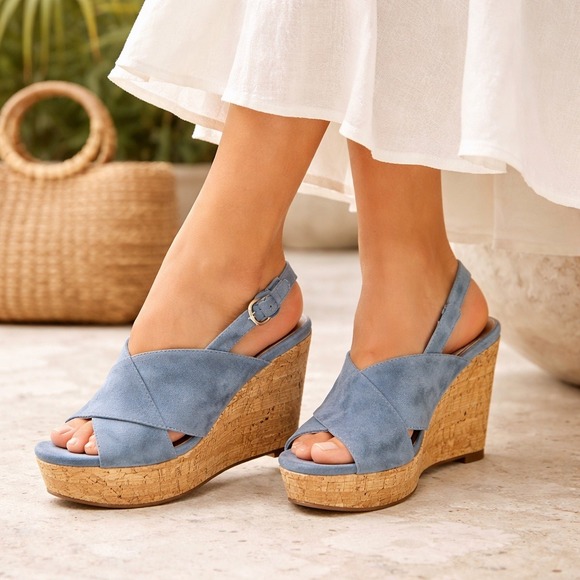 Diane Von Furstenberg Shoes - DVF Juno Blue Suede Cork Wedge Sandals Slingback Womens‎ 8.5 Platform Retro